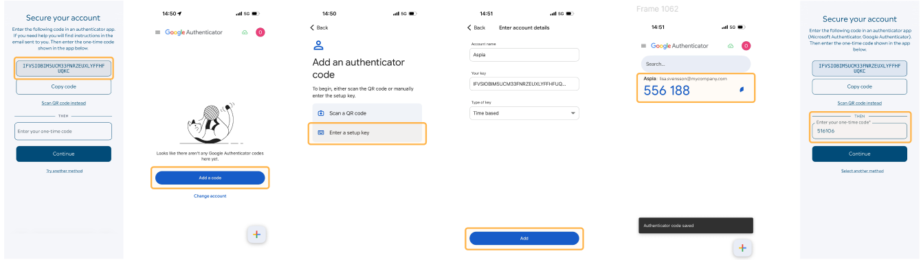 Printscreens from MyBusiness, MFA and login