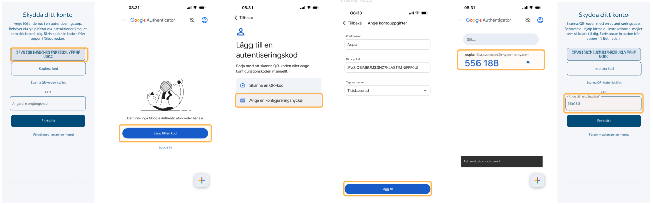 Skärmbilder från Google Authenticator
