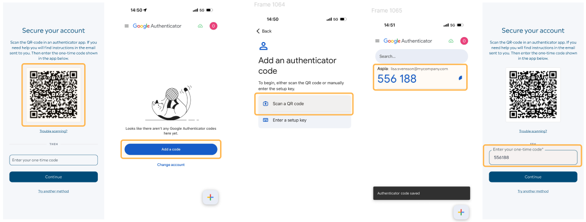 Printscreens from MyBusiness, MFA and login
