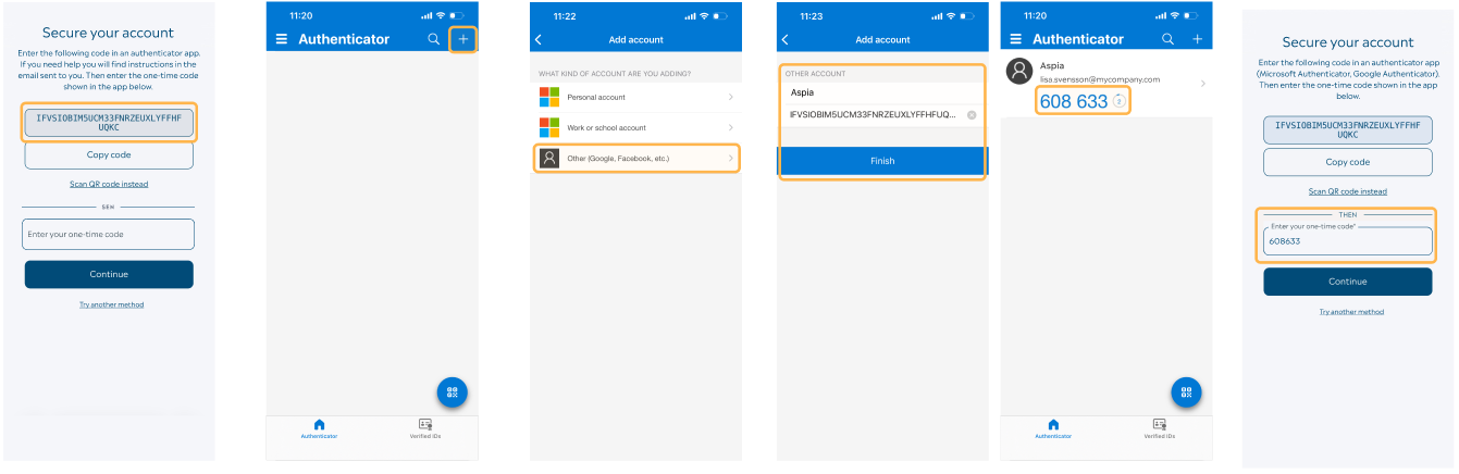 Printscreens from MyBusiness, MFA and login