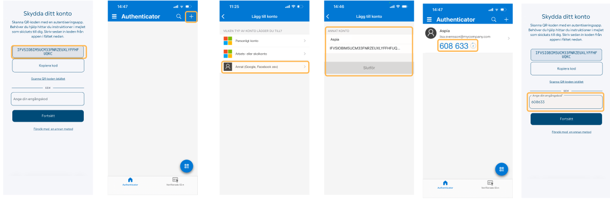 Skärmbilder från Authenticator och MFA
