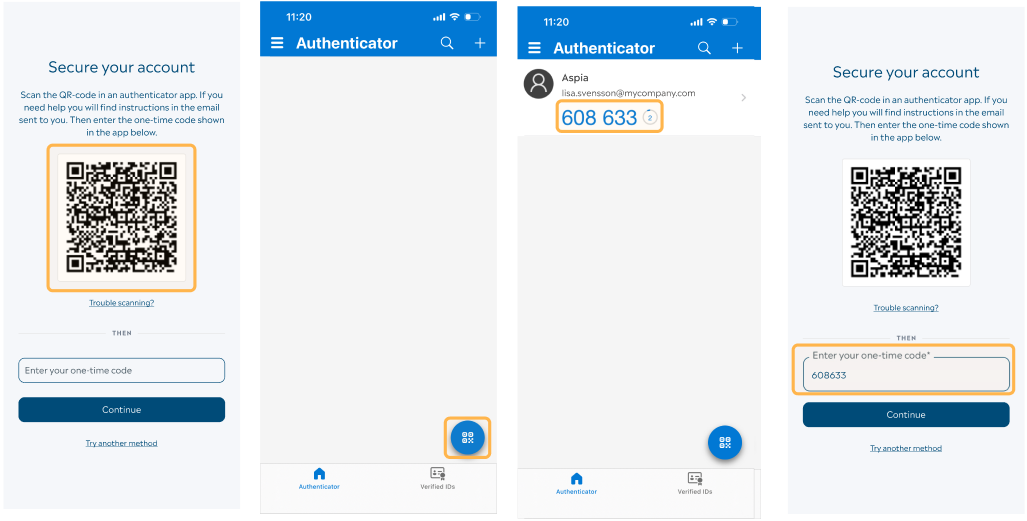 Printscreens from MyBusiness, MFA and login