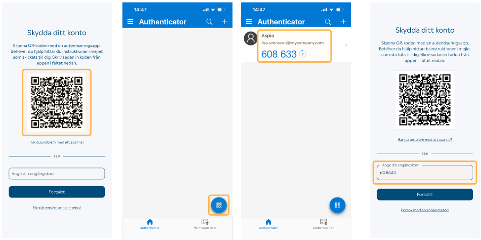 Skärmbilder från MFA och Authenticator