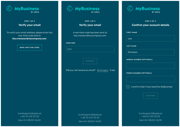 Printscreens from MyBusiness, MFA and login
