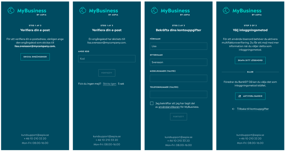 Skärmbilder som visar MFA new user account