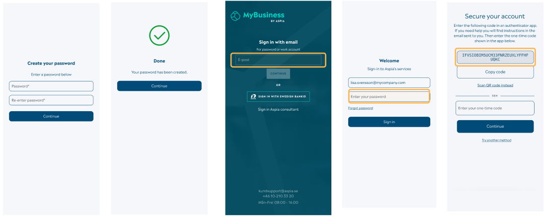 Printscreens from MyBusiness, MFA and login