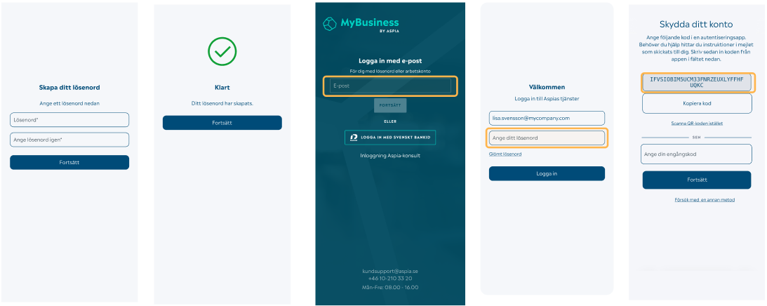 Skärmbilder från MyBusiness