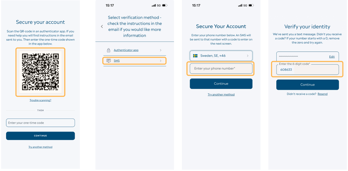 Printscreens from MyBusiness, MFA and login