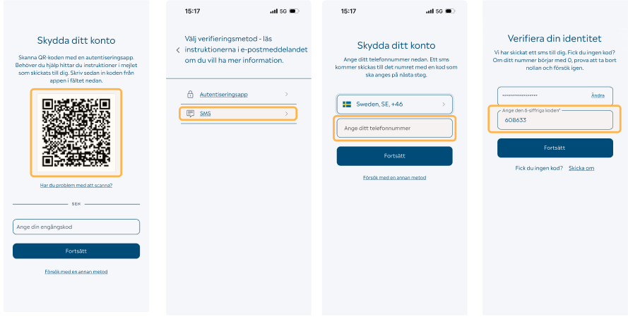 Skärmbilder inloggning via SMS