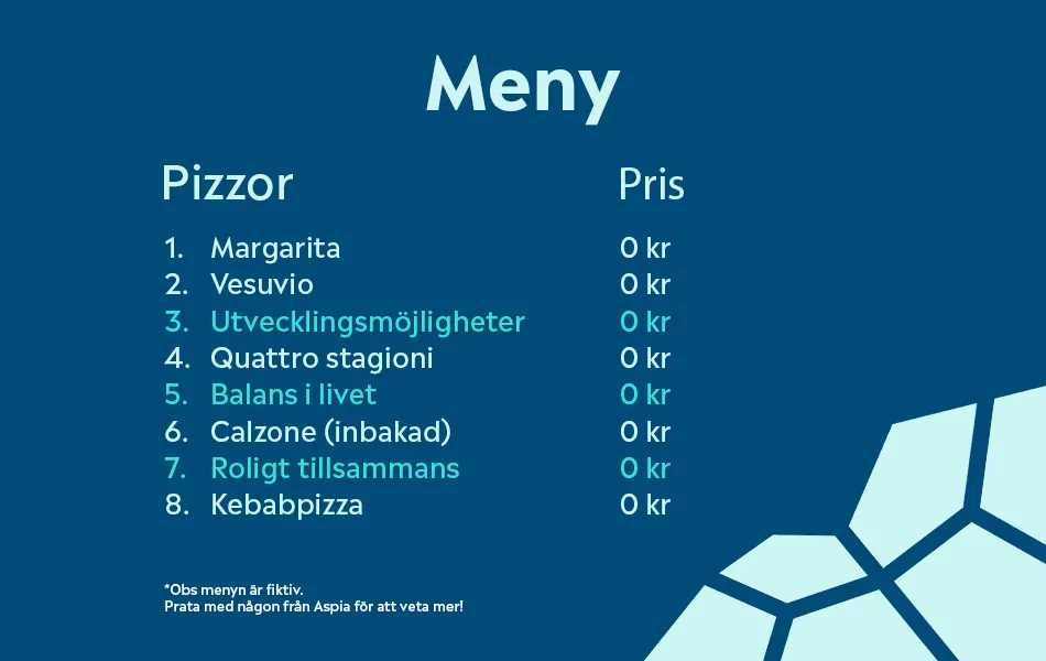 Illustrerad meny med pizzor och ord som "Utvecklingsmöjligheter" och "Balans i livet" listade som smaker.